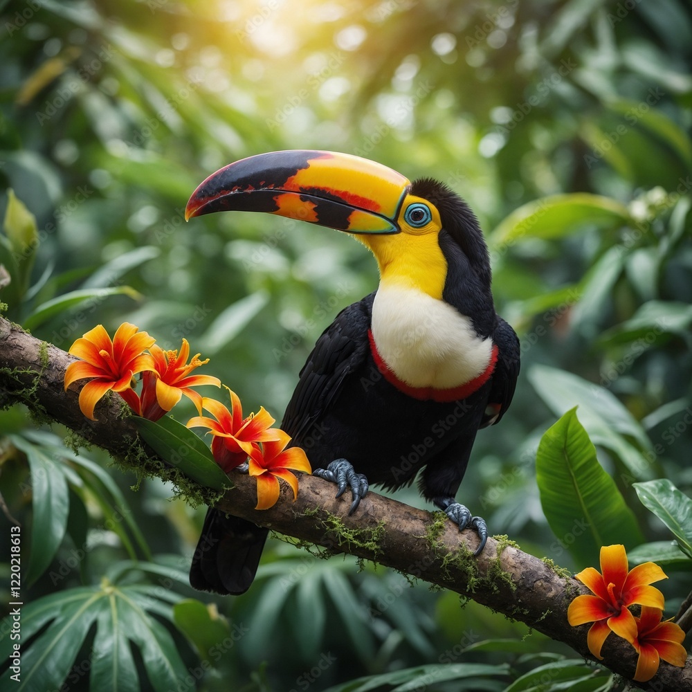 Fototapeta premium A baby toucan on a tropical branch, with vibrant jungle leaves and flowers.