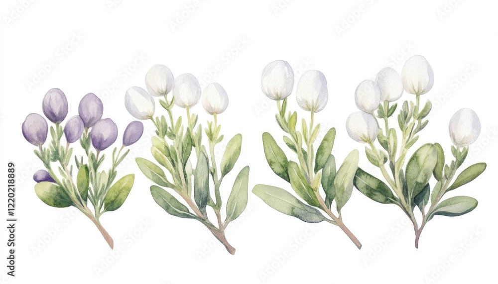 Obraz premium Delicate watercolor illustration of various herbs and flowers showcasing their natural beauty and details