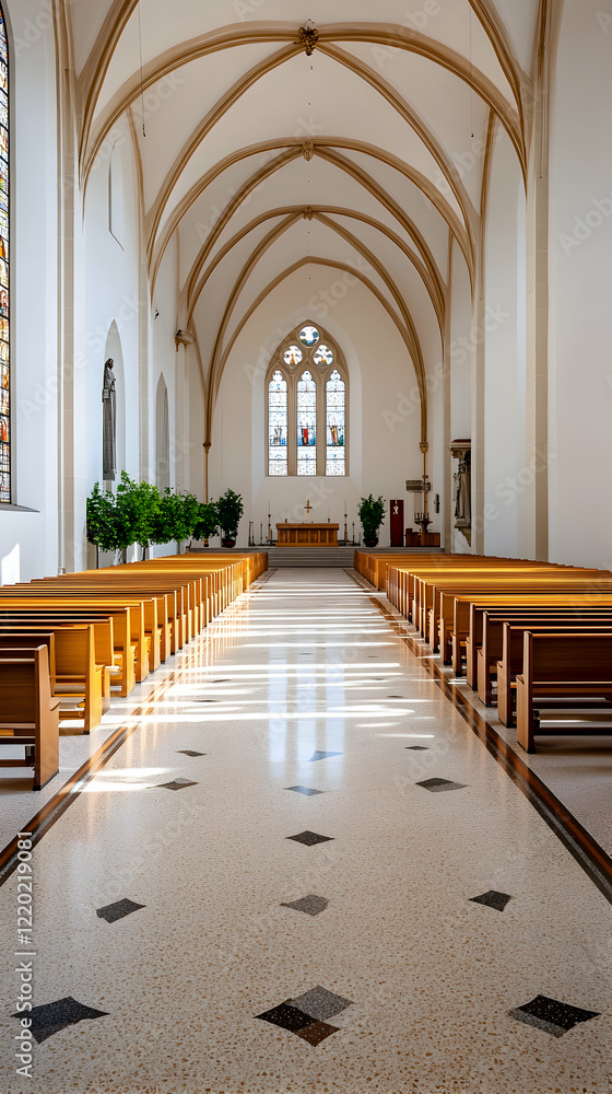 Fototapeta premium Church aisle sunlight; peaceful sanctuary; stained glass; religious background; meditation