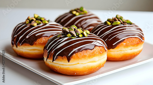 Chocolate-glazed donuts with pistachios, dessert plate, light background, food photography for bakery menu photo