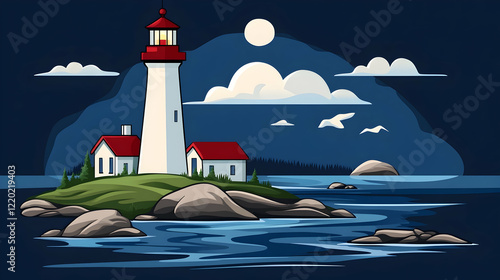 Coastal lighthouse at night, moonlit sea, birds flying, idyllic scene; perfect for travel brochures photo