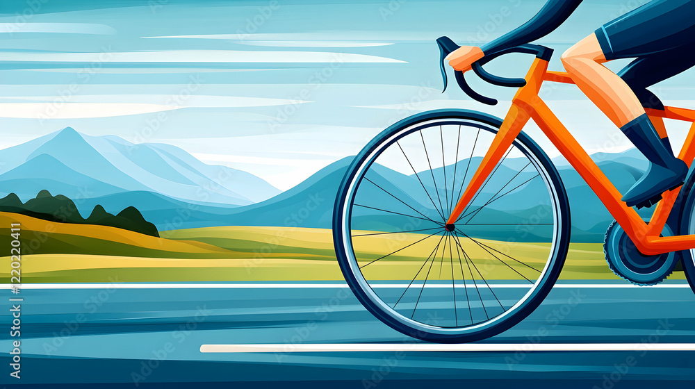 Fototapeta premium Cyclist rides road bike, mountain backdrop, summer day, active lifestyle banner
