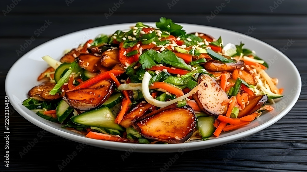 Delicious Asian-style vegetable salad with grilled mushrooms, served on a white plate. Perfect for healthy eating blogs or recipe websites Delicious Asian-style vegetable salad with grilled mushrooms, served on a white plate. Perfect for healthy eating blogs or recipe websites