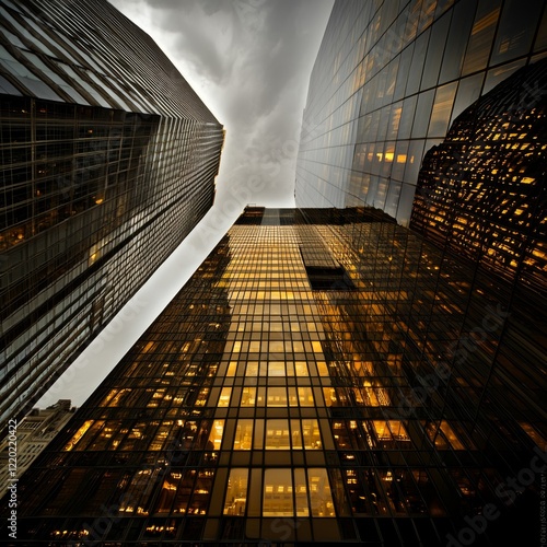 Wallpaper Mural low-angle perspective of skyscrapers, highlighting the reflective glass curtain walls and the intricate design of modern business office buildings Torontodigital.ca