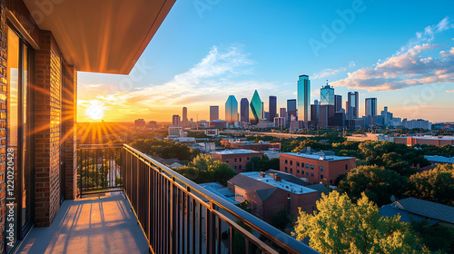 Dallas skyline sunrise view from balcony; city buildings, trees, and golden hour light; ideal for real estate or travel advertising