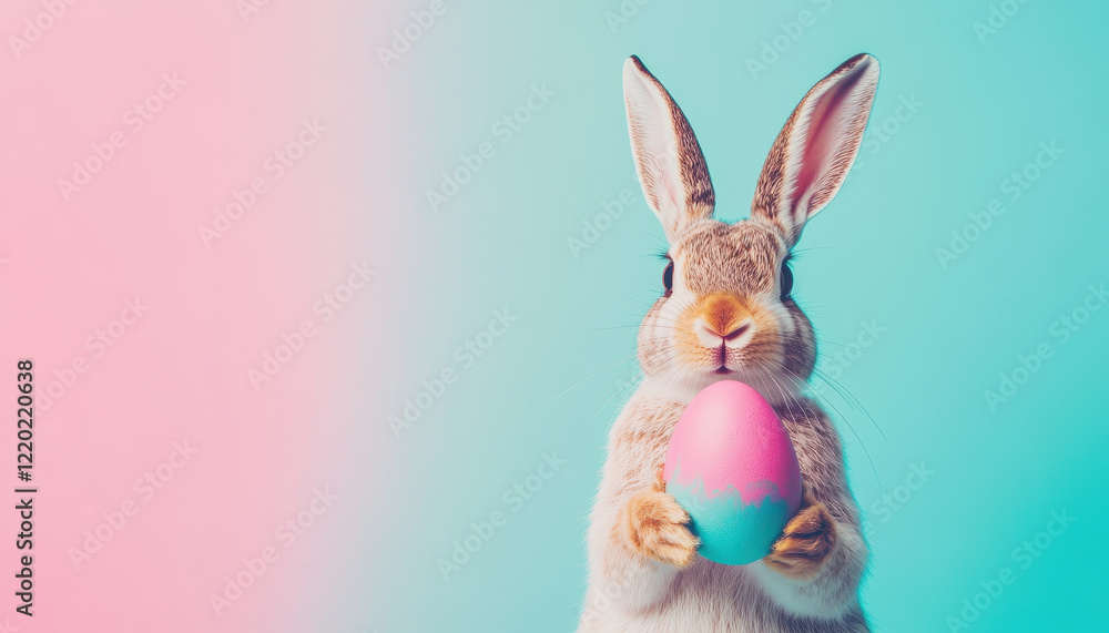 Obraz premium cute bunny holding colorful Easter egg against pastel background, evoking joyful and festive atmosphere