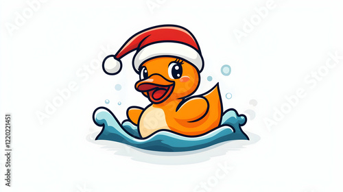 Festive rubber duck swimming in water, Christmas hat, holiday card photo