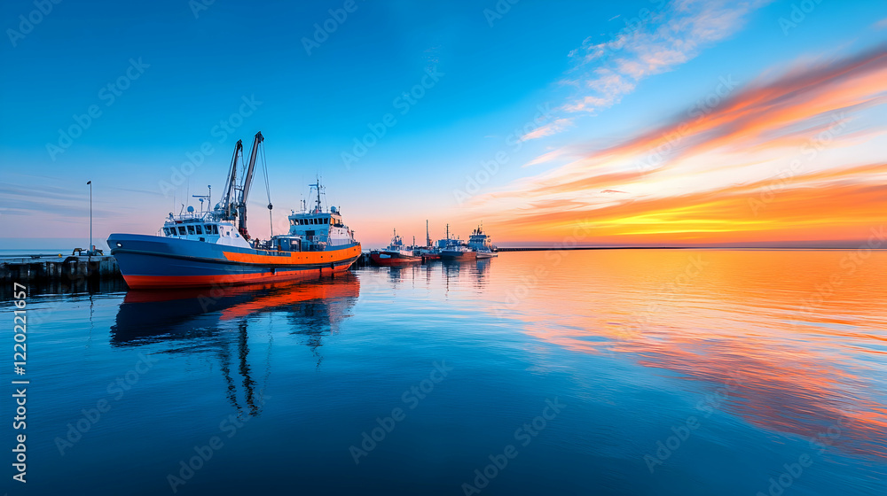 Obraz premium Fishing boats at sunset harbor, calm water, colorful sky, peaceful scene, ideal for travel brochures