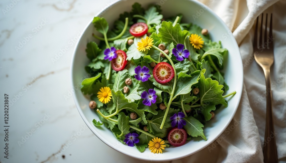 Elegant White Bowl Salad with Vibrant Edible Flowers and Sliced Red Fruits on Marble Surface with Copy Space, Fresh Arugula Salad with Edible Flowers Elegant White Bowl Salad with Vibrant Edible Flowers and Sliced Red Fruits on Marble Surface with Copy Space, Fresh Arugula Salad with Edible Flowers
