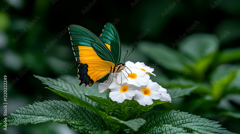 Golden Birdwing butterfly on white flowers, lush green foliage background. Nature photography for websites, blogs, or prints Golden Birdwing butterfly on white flowers, lush green foliage background. Nature photography for websites, blogs, or prints