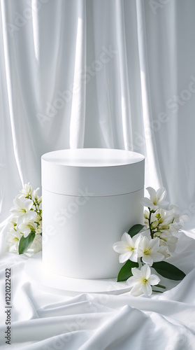 Fresh white jasmine flowers on a clean white display stand for upscale product promotion and ads Realistic 3D Podium for Mockup