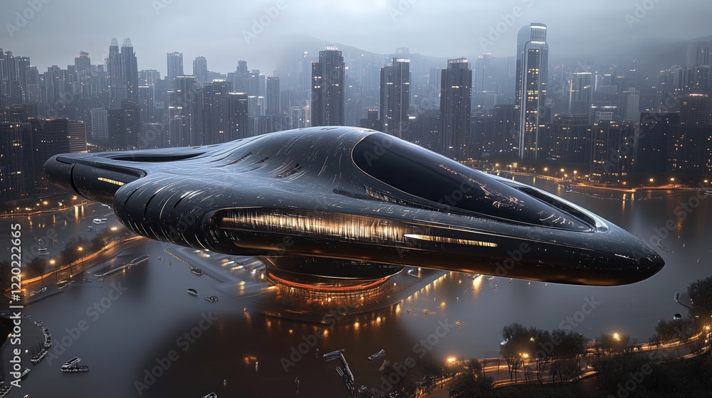 Futuristic black ufo over a cityscape at dusk with illuminated skyscrapers Futuristic black ufo over a cityscape at dusk with illuminated skyscrapers