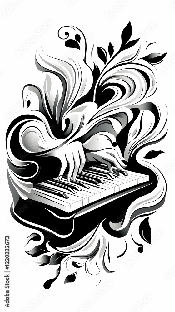Fototapeta premium Hands playing piano amidst swirling floral design; artistic representation for music-themed projects