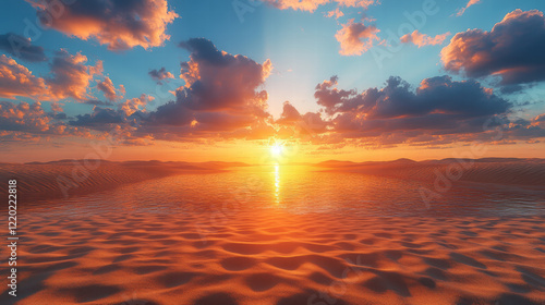 serene desert scene with sun rising over sand dunes, casting warm light on tranquil water. vibrant colors create peaceful atmosphere
