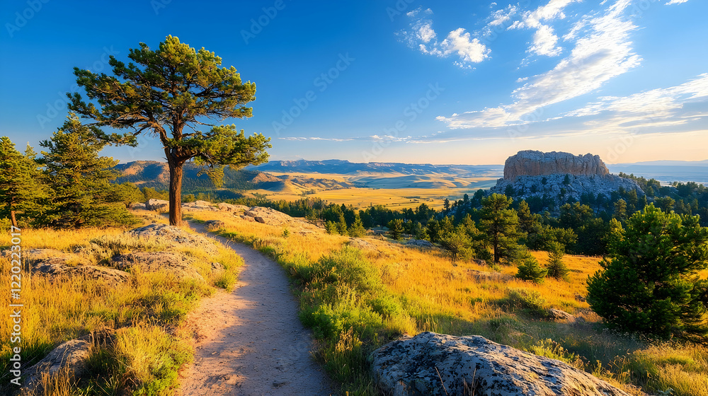 Hiking trail, scenic mountain vista, golden hour sunlight, grassland background; ideal for travel brochures Hiking trail, scenic mountain vista, golden hour sunlight, grassland background; ideal for travel brochures