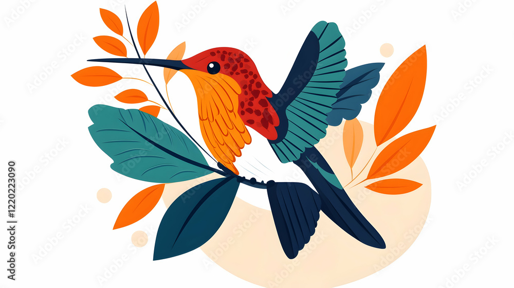 Fototapeta premium Hummingbird perched on branch, autumn leaves, nature illustration, design element