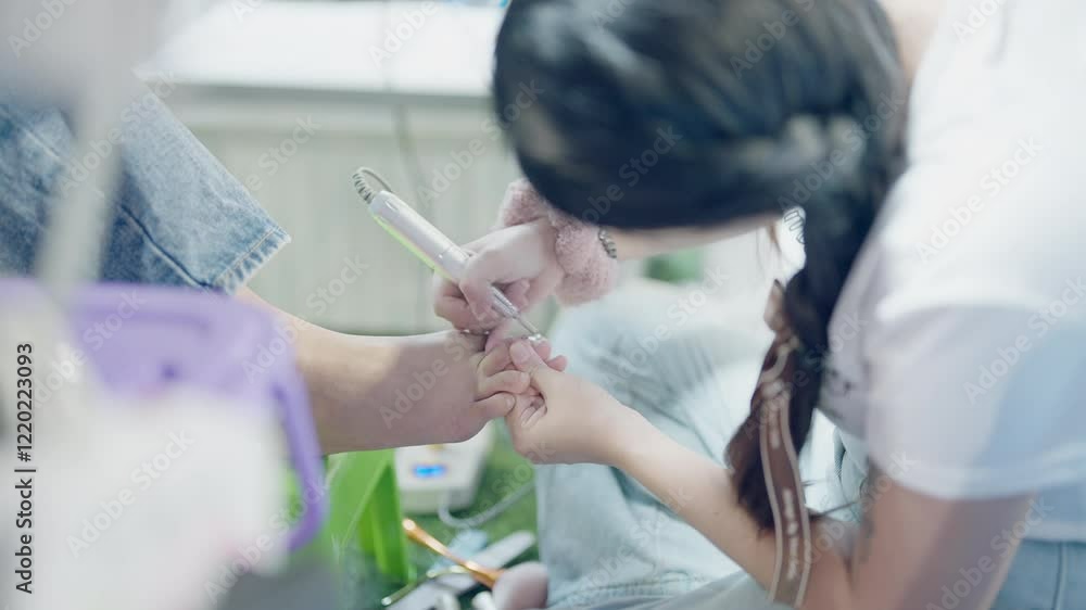 A woman is getting her nails done by another woman. The other woman is using a nail file to shape the nails A woman is getting her nails done by another woman. The other woman is using a nail file to shape the nails