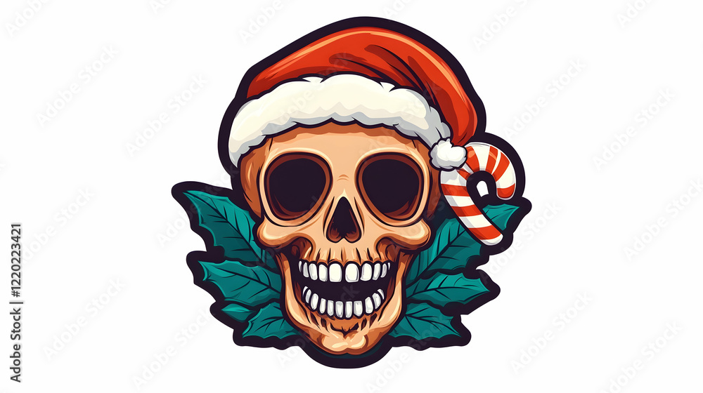 Jolly skull in Santa hat with holly, candy cane; festive Christmas design for cards Jolly skull in Santa hat with holly, candy cane; festive Christmas design for cards