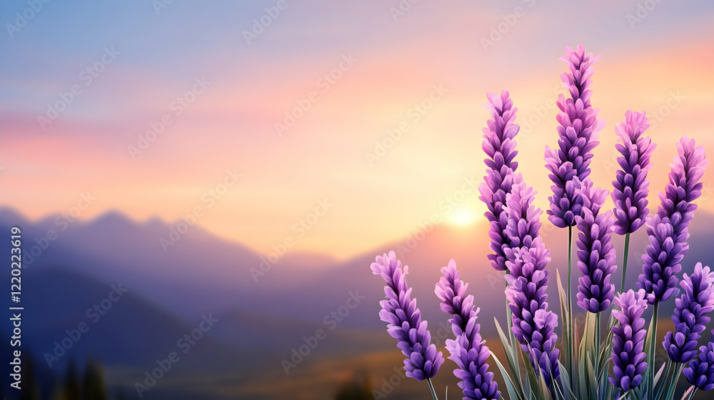 Obraz premium Lavender sunset mountain landscape, peaceful nature scene, ideal for relaxation and wellness websites