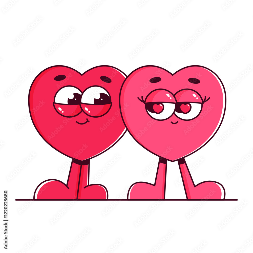 Fototapeta premium Cute characters hearts in retro groovy style. Couple in love. Lovely and psychedelic mascots with face. Happy Valentines day. Flat vector isolated on white background