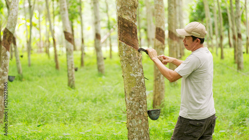 A rubber tapper tapping a tree, heveo brasiliensis, with a hooked knife and peeling the bark to harvest latex in a plantation photo