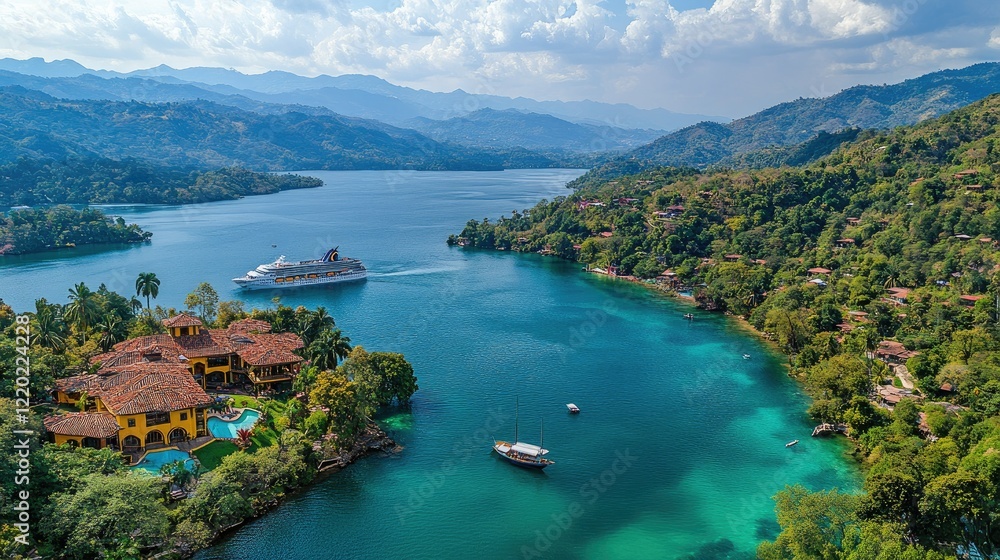 Obraz premium Luxury Estate Overlooking Serene Tropical Bay And Cruise Ship
