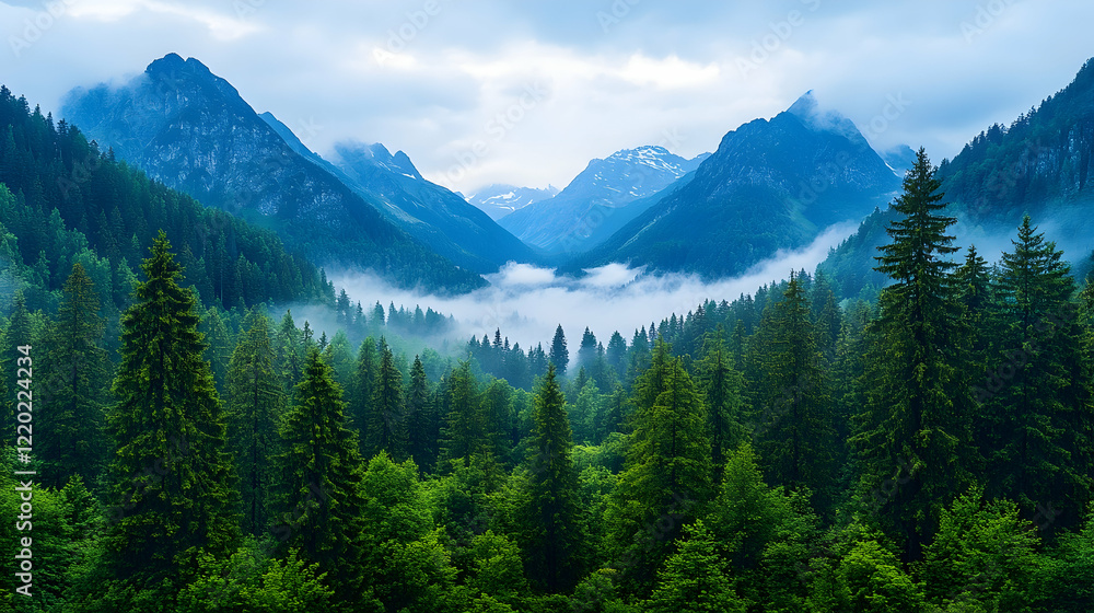 Misty mountain valley, evergreen forest, scenic view, travel background Misty mountain valley, evergreen forest, scenic view, travel background