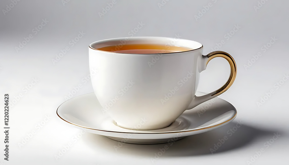 Fototapeta premium Elegant White Teacup with Gold Trim and Hot Tea