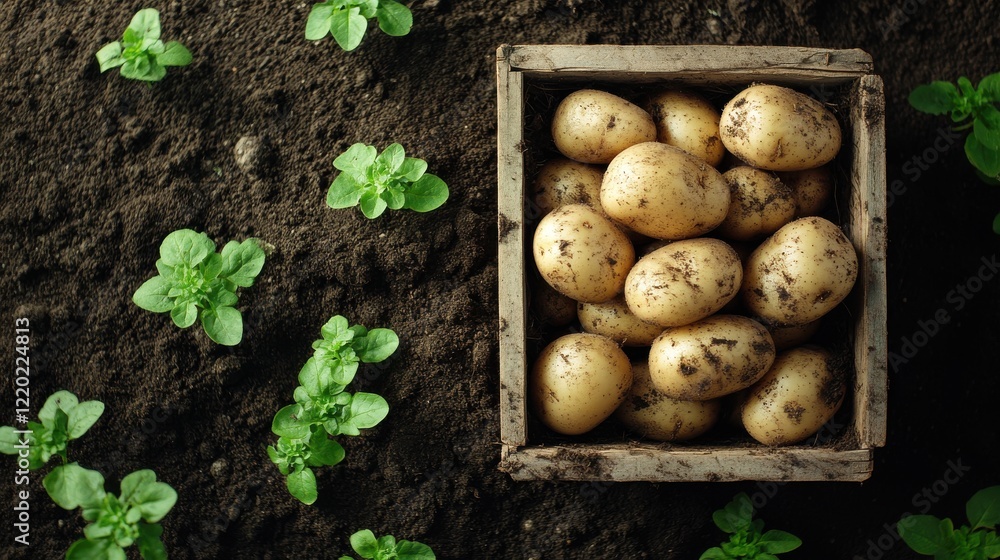 A basket of potatoes is sitting on the ground next to some plants A basket of potatoes is sitting on the ground next to some plants