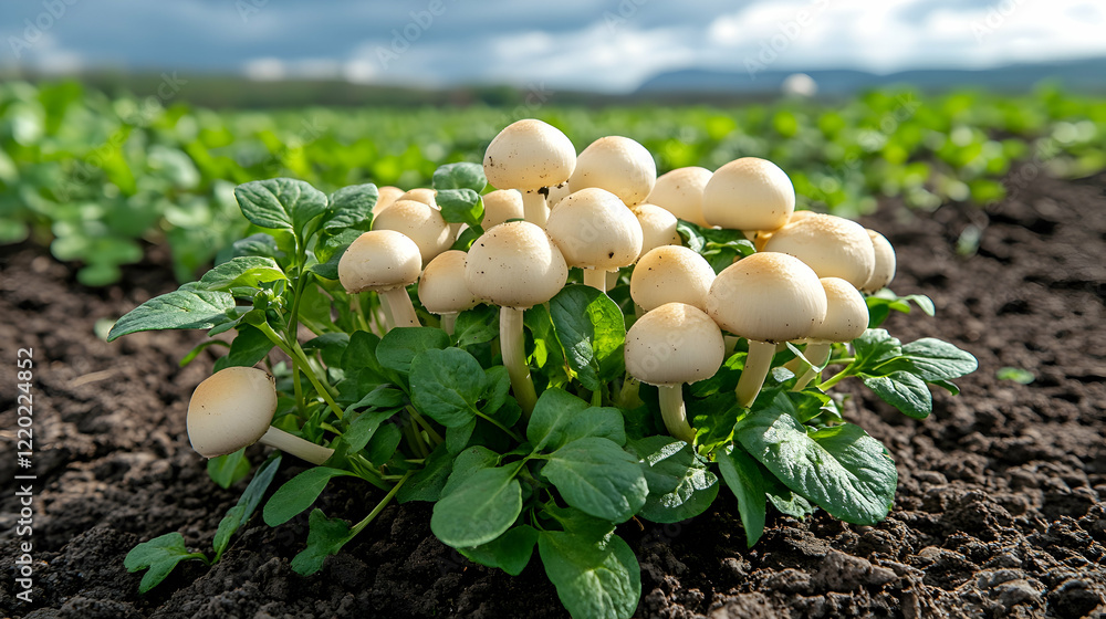 Mushrooms growing in a field, sunny day, green plants background; nature photography for websites or publications Mushrooms growing in a field, sunny day, green plants background; nature photography for websites or publications