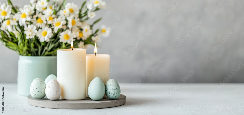Easter celebration table with candles, decorative eggs, and flowers. soft colors create serene atmosphere, perfect for spring festivities Easter celebration table with candles, decorative eggs, and flowers. soft colors create serene atmosphere, perfect for spring festivities