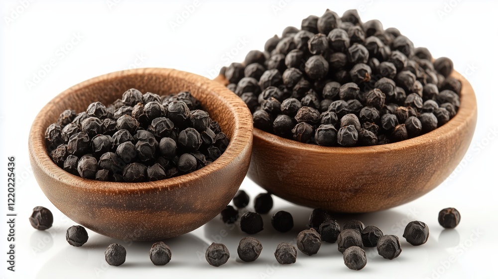 Two wooden bowls filled with black peppercorns on a white background Two wooden bowls filled with black peppercorns on a white background