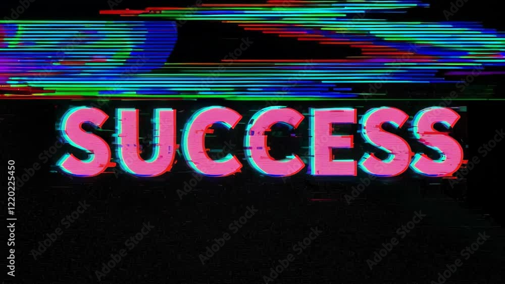 uccess text materializes in void. Static camera with progressive RGB separation. Scan lines cascade downward. Text pulses, splits, recomposes with triumphant energy.