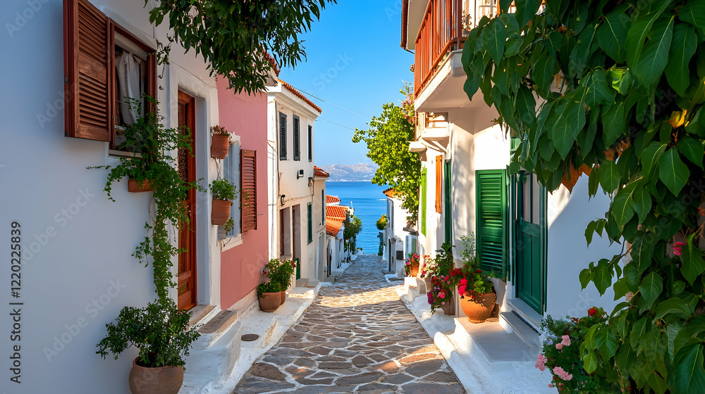Obraz premium Picturesque coastal village street, sunlit stone path, seaside view, houses with flowers. Ideal for travel brochures