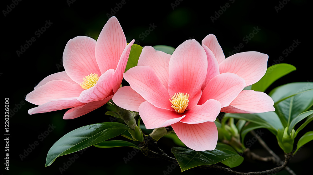 Fototapeta premium Pink magnolia blossoms close-up, dark background, nature photography, perfect for greeting cards