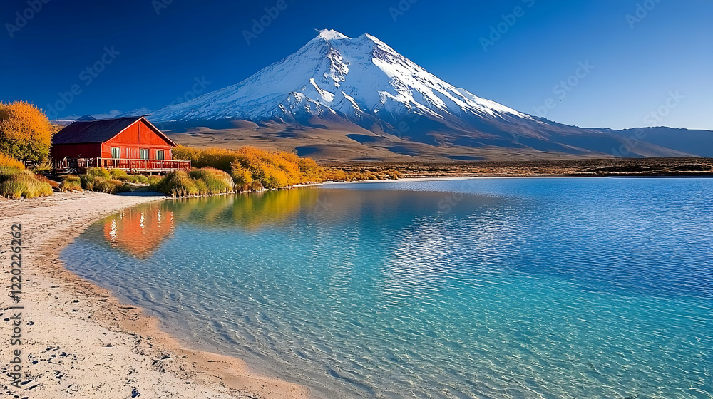 Naklejka premium Red cabin by serene lake, snow-capped volcano backdrop, Patagonia landscape, travel postcard