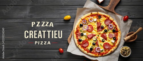 Fast food restaurant pizza on wooden table poster template, 300dpi, empty space for text and design