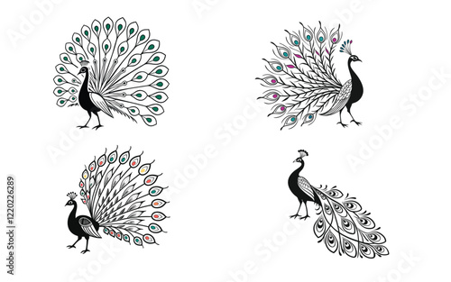 create a black outline a proud peacock fanning