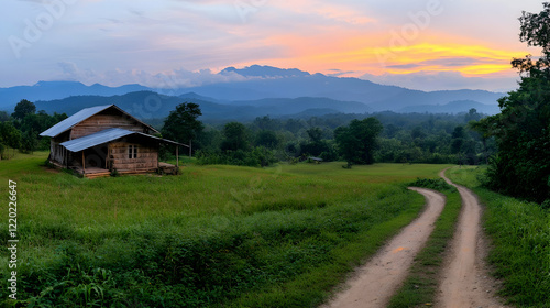 Rural sunset landscape wooden house on grassy field, dirt road winding through, mountains in background. Perfect for travel or nature publications