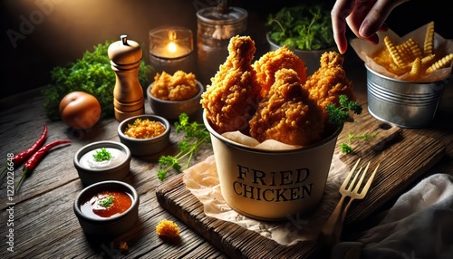 Crispy Fried Chicken in Basket with Assorted Dipping Sauces – Rustic Food Photography photo