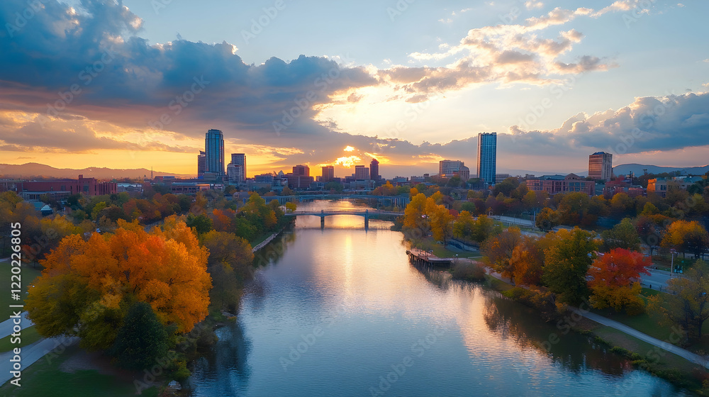 Obraz premium Scenic autumn sunset over city river, colorful trees, bridge, cityscape background. Ideal for travel brochures