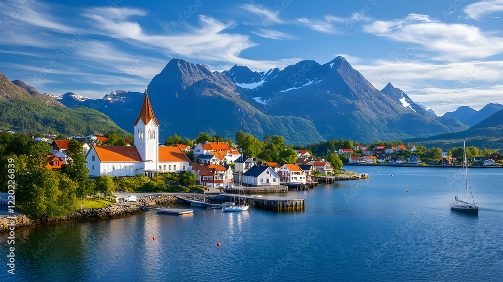 Scenic coastal village nestled in Norwegian fjord mountains; sunny day, sailboat, potential travel brochure Scenic coastal village nestled in Norwegian fjord mountains; sunny day, sailboat, potential travel brochure