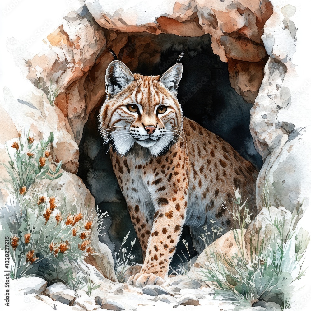 A majestic lynx emerging from a rocky den surrounded by vibrant flora, showcasing nature's beauty A majestic lynx emerging from a rocky den surrounded by vibrant flora, showcasing nature's beauty