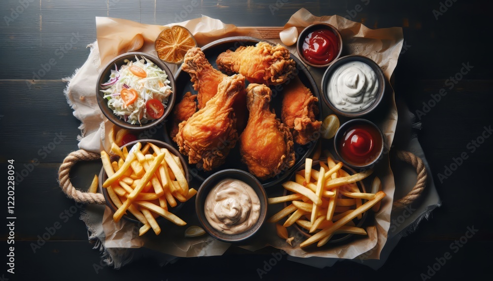 Crispy Fried Chicken in Basket with Assorted Dipping Sauces – Rustic Food Photography Crispy Fried Chicken in Basket with Assorted Dipping Sauces – Rustic Food Photography