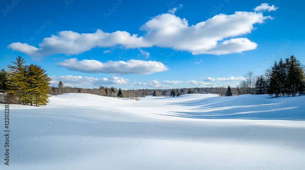 Sunny winter day, snow-covered field, trees, blue sky; idyllic winter landscape for calendar, postcard