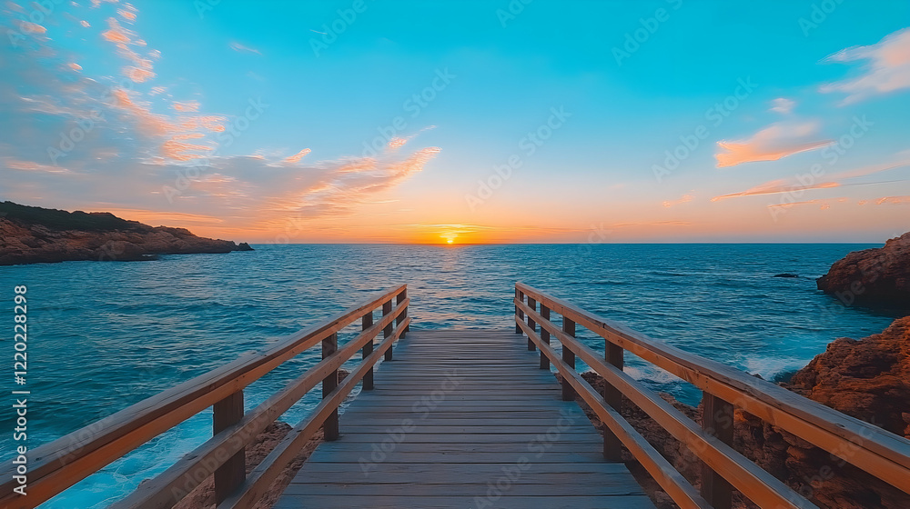 Sunrise over calm ocean, wooden pier leading to horizon, coastal rocks, peaceful morning scene; ideal for travel brochures