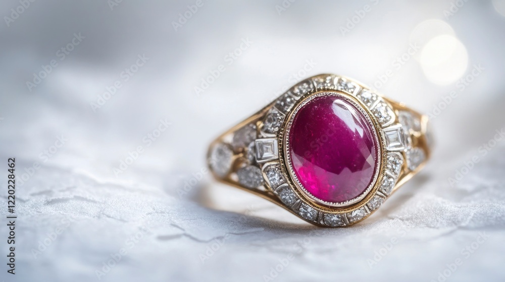 Close-up macro photograph, low-angle view from the side of an art deco gold and platinum diamond ring with a large oval fuchsia cabochon stone in the center, against a white background with a paper Close-up macro photograph, low-angle view from the side of an art deco gold and platinum diamond ring with a large oval fuchsia cabochon stone in the center, against a white background with a paper
