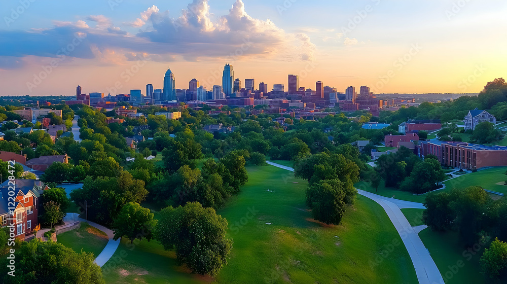 Naklejka premium Sunset cityscape panorama city skyline at dusk, green park in foreground. Ideal for travel brochures