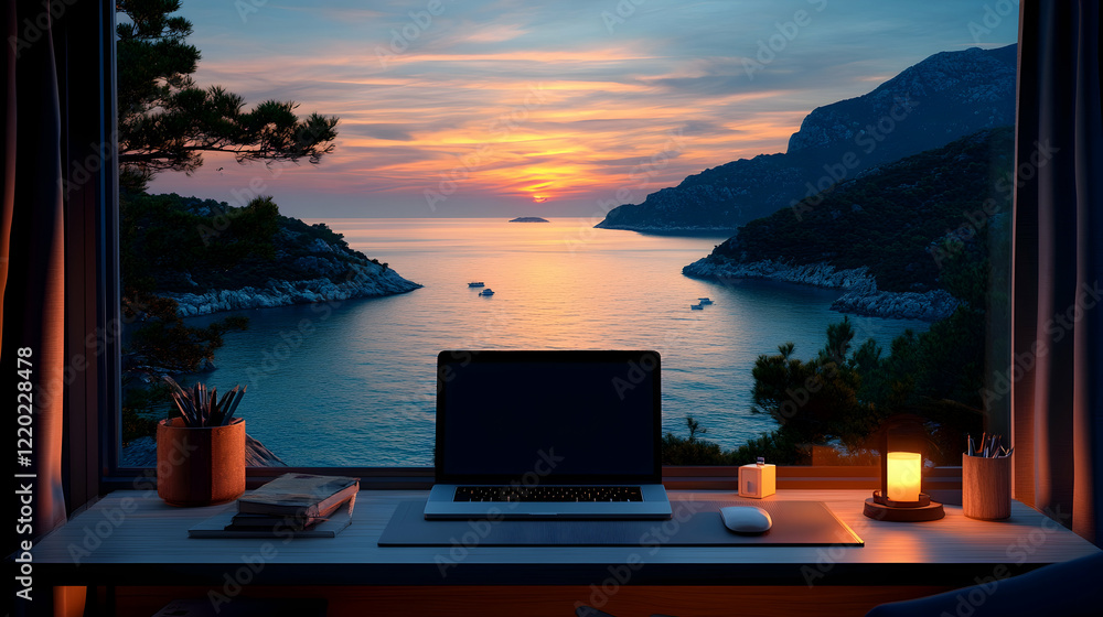 Fototapeta premium Sunset coastal view from home office window; laptop, books, candle. Work-life balance, remote work image
