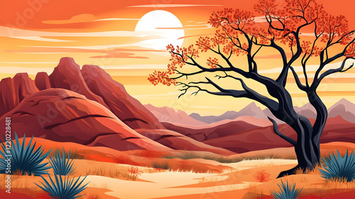 Sunset desert landscape, lone tree, mountains, arid plains.  Ideal for travel brochures or environmental projects photo